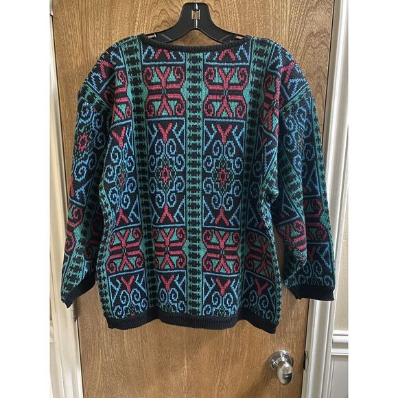 Vintage Sweater Teas Black Geometric Colorful Knit Sweater Oversized Size L - Picture 7 of 10